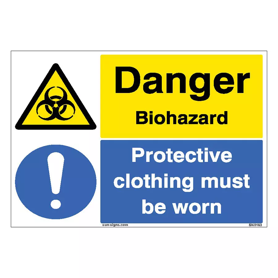 SUNSIGNS Danger Biohazard, Protective Clothing Must Be Worn Signages Size 200x150 mm HP Print + Vinyl + ACP Sheet, SN0163