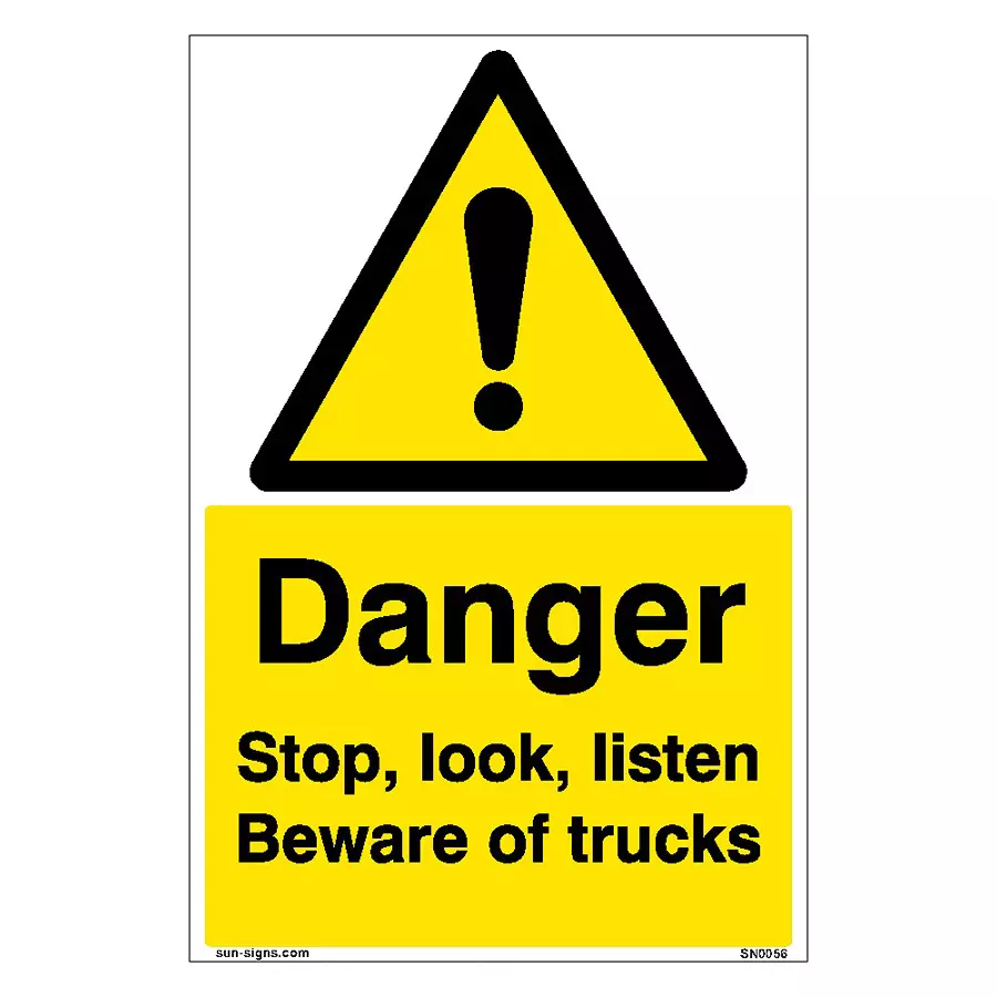 SUNSIGNS Prohibition Signs Stiker For Danger Stop Beware Of Trucks 150x100 mm Size Yellow, SN0056
