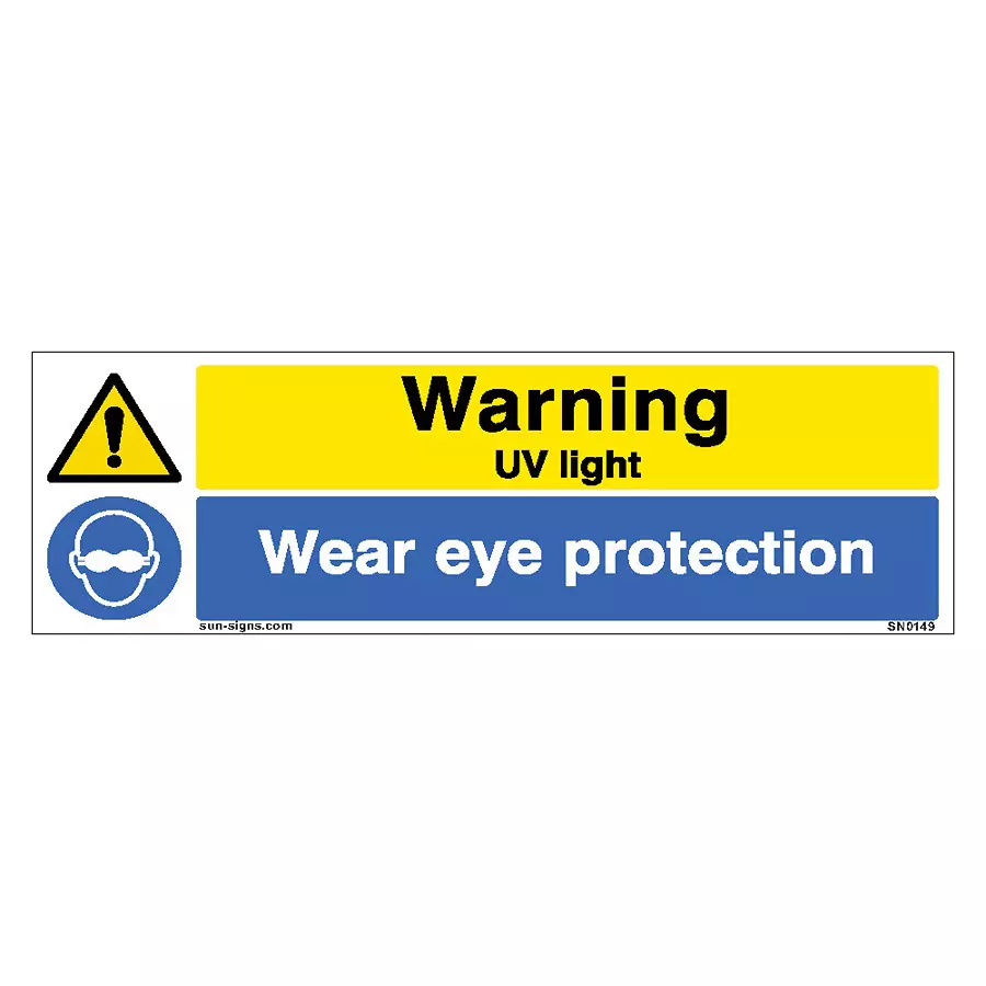 SUNSIGNS Prohibition Signs Stiker For Warning Uv Light, Wear Eye Protection 600x200 mm Size Yellow & Blue, SN0149