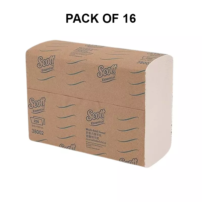 SCOTT Essential Multi Fold Hand Towels Paper White 1 Ply 22.3x20.4 cm, 38002C (Pack of 16 Packet)