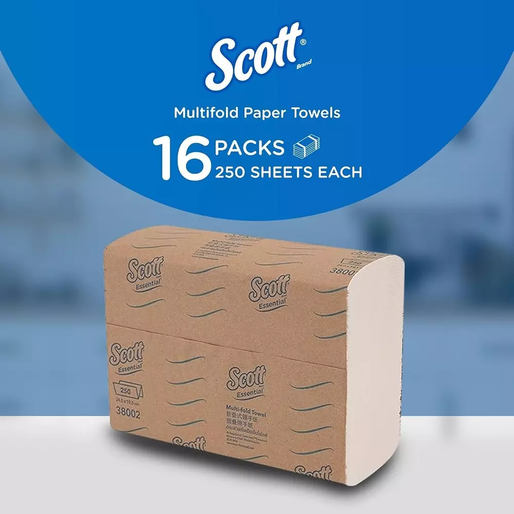 SCOTT Essential Multi Fold Hand Towels Paper White 1 Ply 22.3x20.4 cm, 38002C (Pack of 16 Packet)