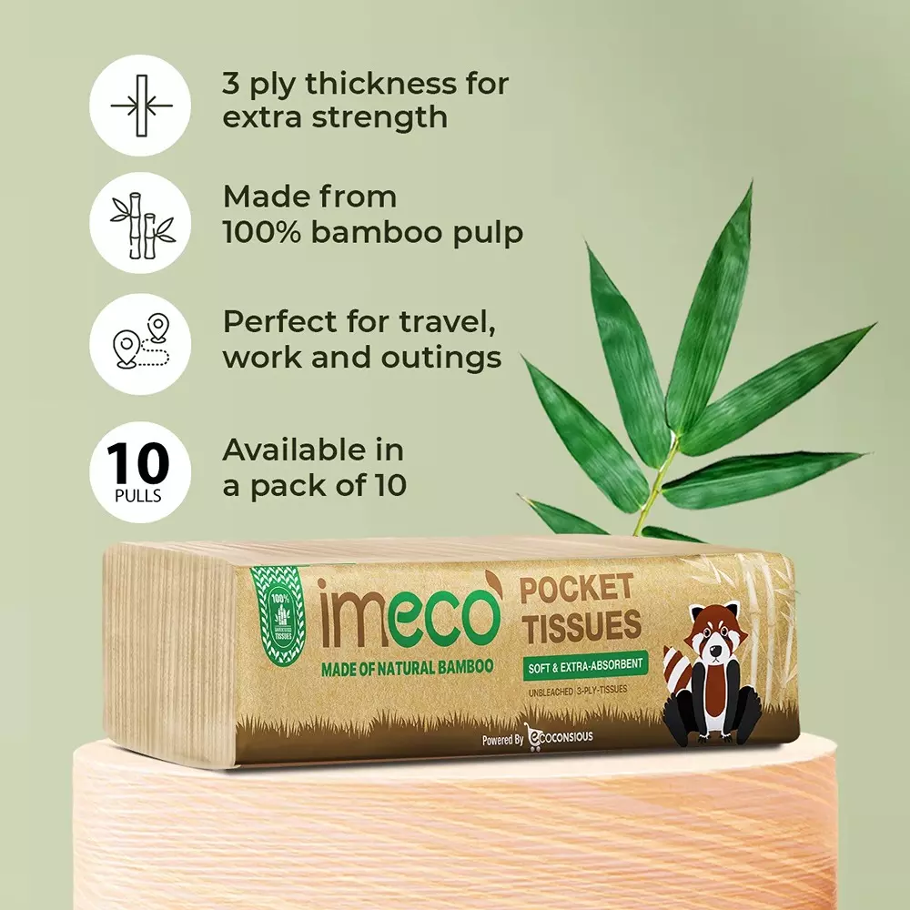 IMECO Bamboo Pocket Tissues 3-Ply Ultra-Soft & Hypoallergenic 10 Pulls, IMEPTCNP100 (Pack of 10)
