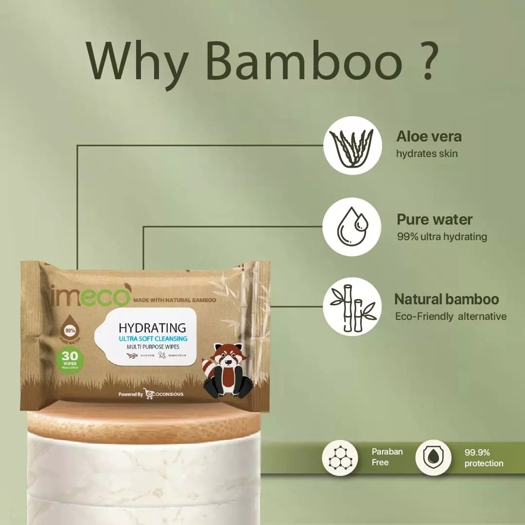 IMECO Bamboo Aloe Vera Wet Wipes 30 Pulls 20x15 cm Ultra-Soft & Biodegradable, IMEHWP30P3 (Pack of 3)