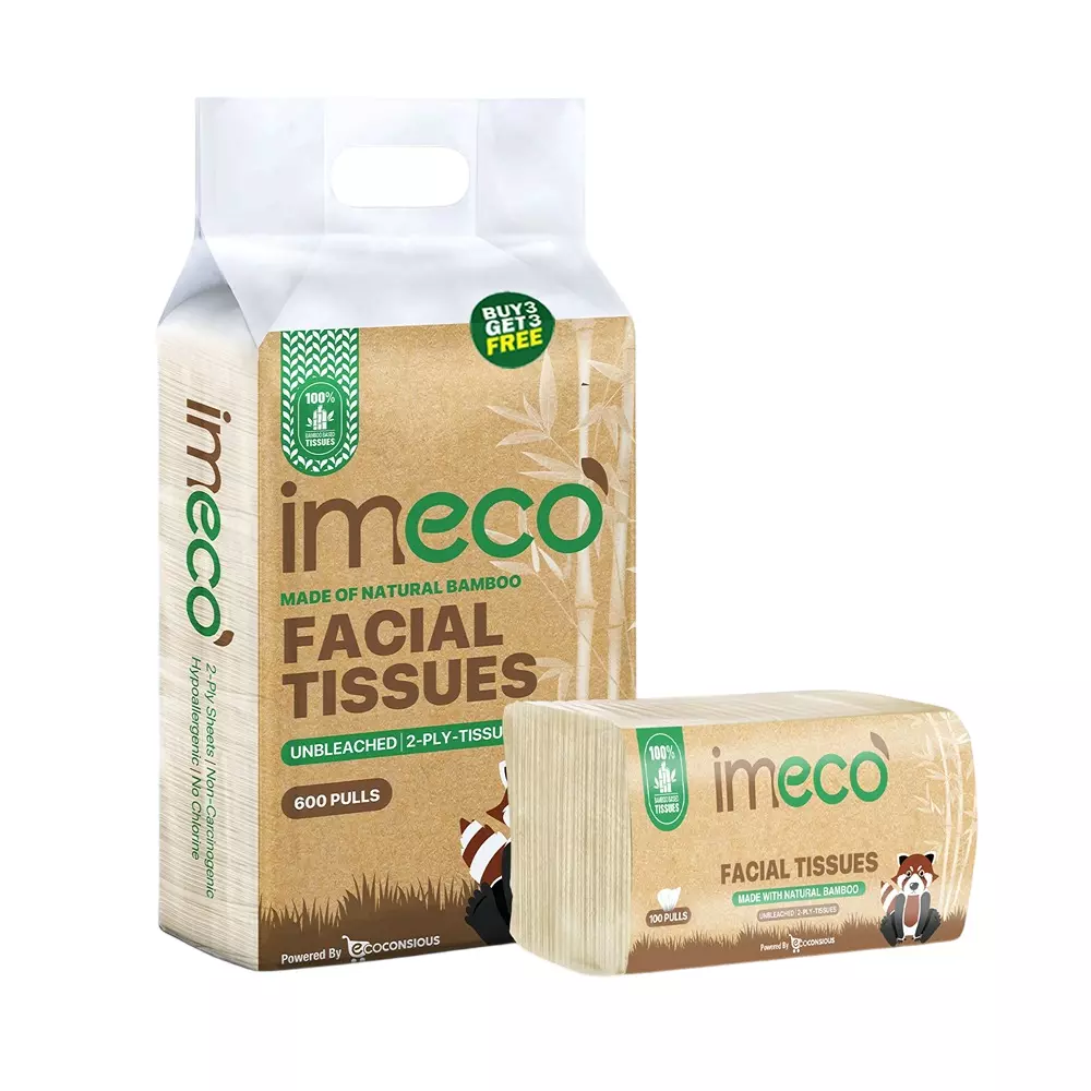 IMECO 2 Ply Bamboo Facial Tissues, 100 Pulls Ultra-Soft, Biodegradable & Skin Safe, IMEFTCNP600 (Pack of 6)