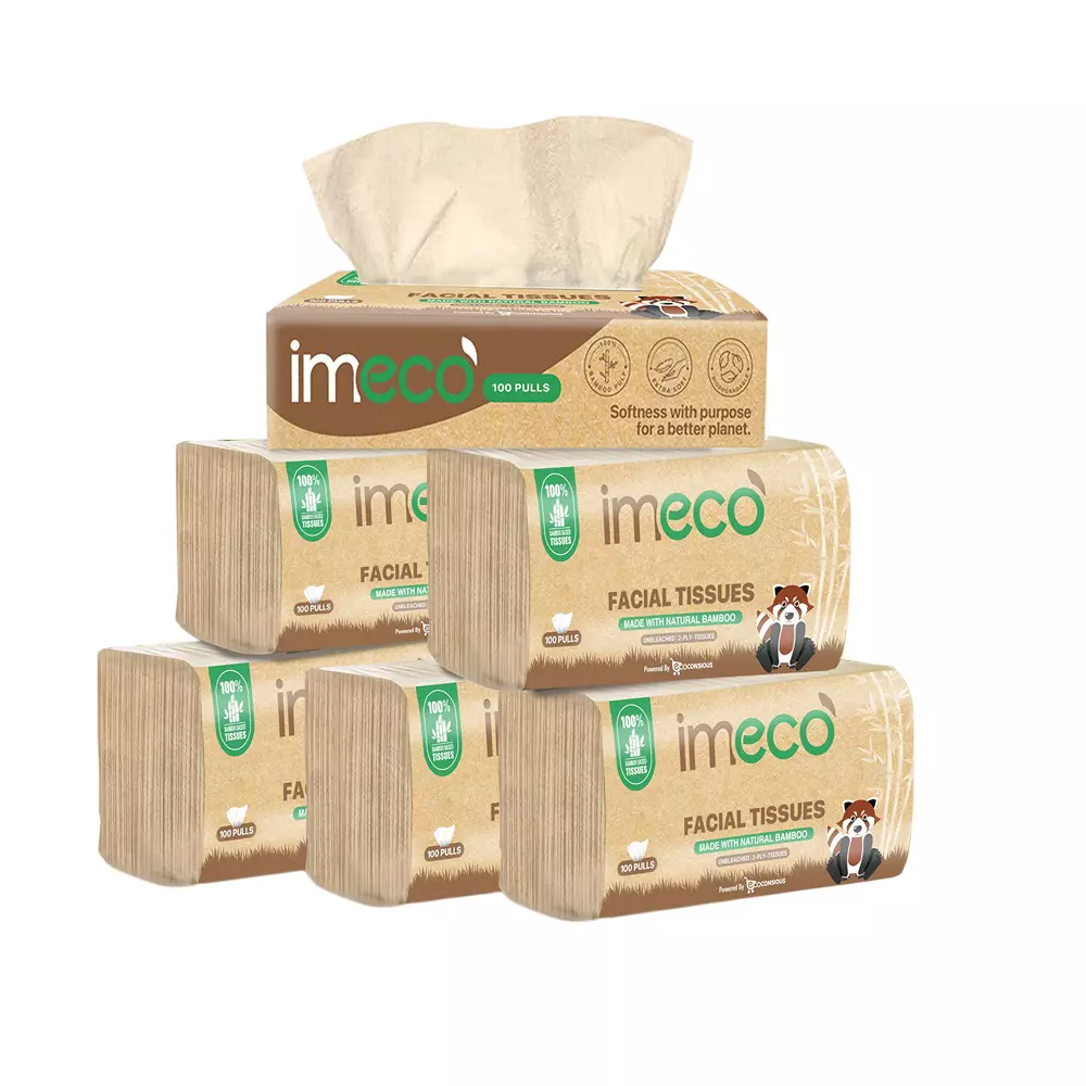 IMECO 2 Ply Bamboo Facial Tissues, 100 Pulls Ultra-Soft, Biodegradable & Skin Safe, IMEFTCNP600 (Pack of 6)