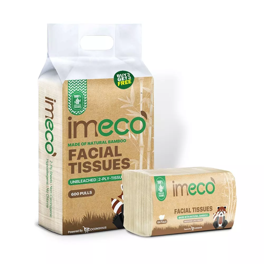IMECO 2 Ply Bamboo Facial Tissues, 100 Pulls Ultra-Soft, Biodegradable & Skin Safe, IMEFTCNP600 (Pack of 6)