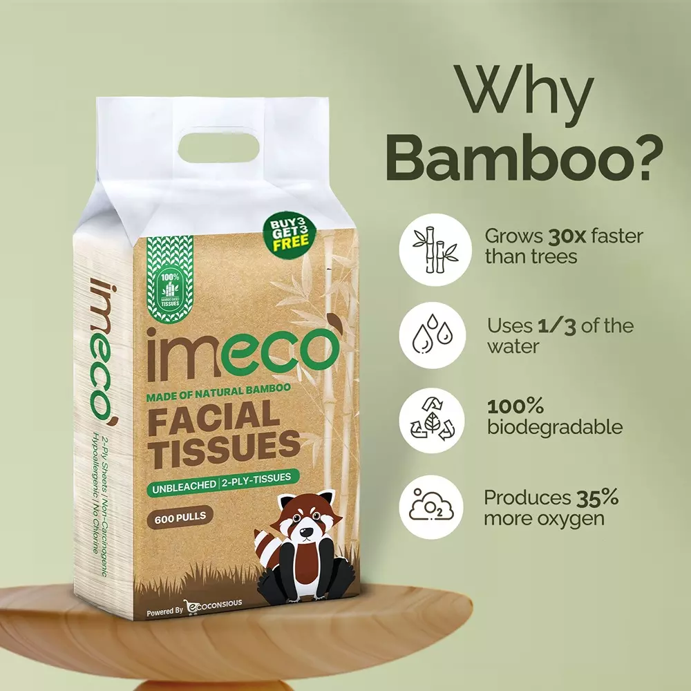 IMECO 2 Ply Bamboo Facial Tissues, 100 Pulls Ultra-Soft, Biodegradable & Skin Safe, IMEFTCNP600 (Pack of 6)