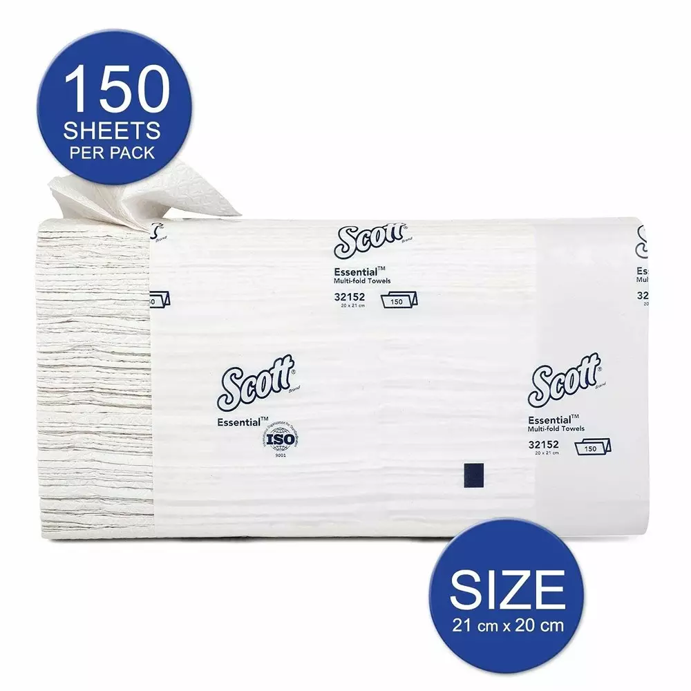 SCOTT Multifold Hand Towels Paper White 1 Ply 21x20 cm, 32152 (Pack of 40 Packets)