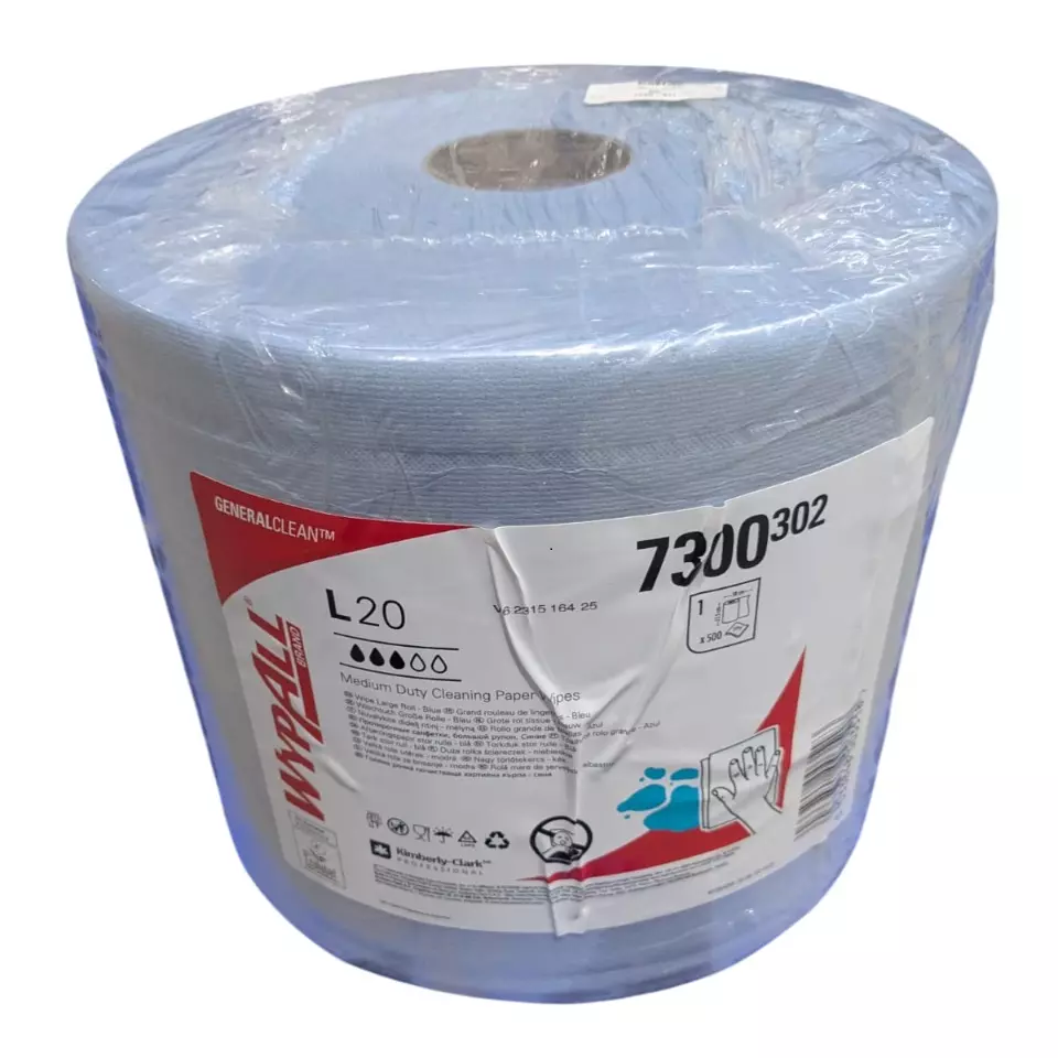 Kimberly-Clark WypAll L20 General Clean Centrefeed Roll Blue Paper Towel 380x235mm 2-Ply 500 Sheets, 7300