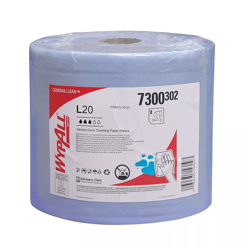 Kimberly-Clark WypAll L20 General Clean Centrefeed Roll Blue Paper Towel 380x235mm 2-Ply 500 Sheets, 7300