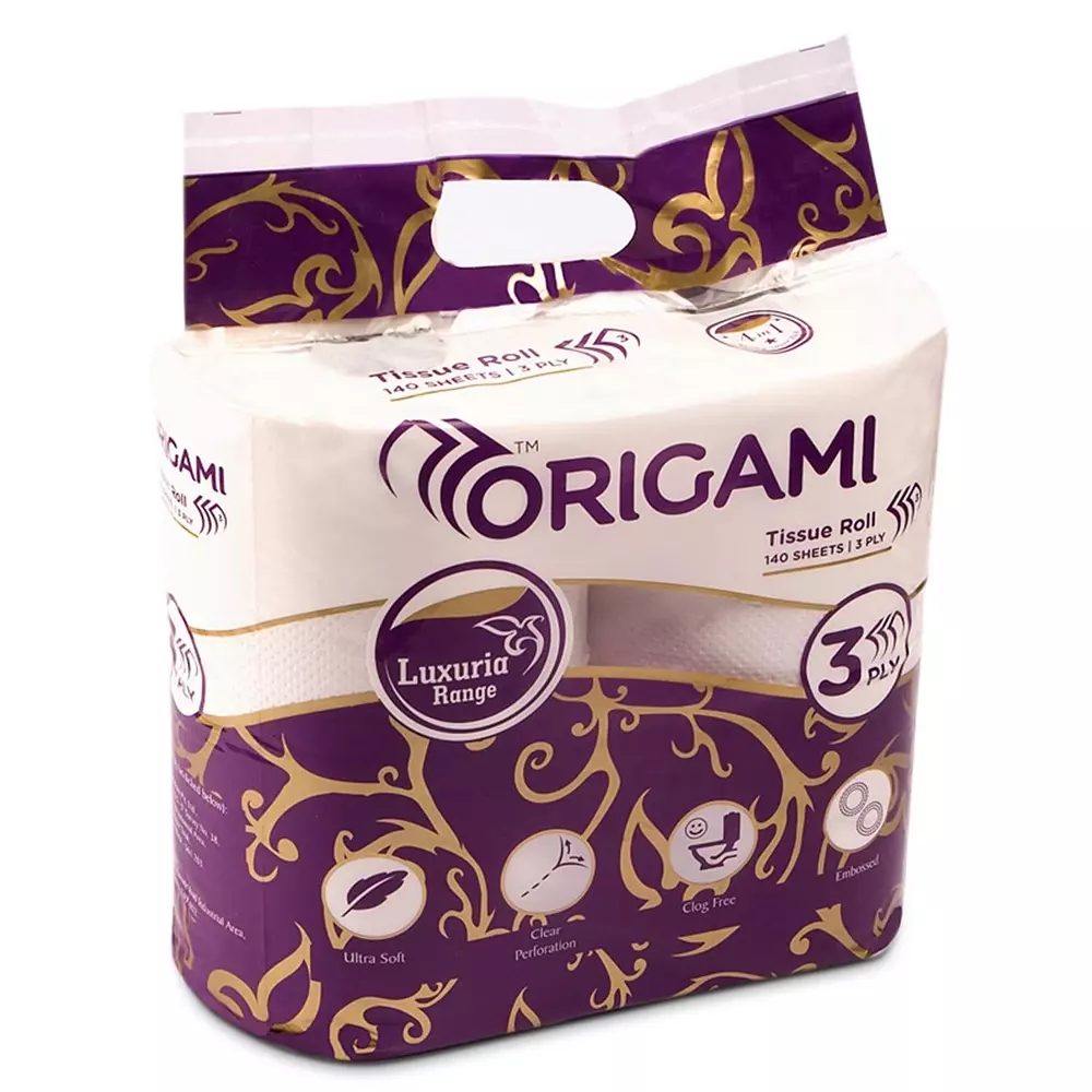 Origami 4 in 1 Luxuria Tissue Rolls 3 Ply 140 Pulls Per Roll White Paper, 6593 (Pack of 3 Packets)