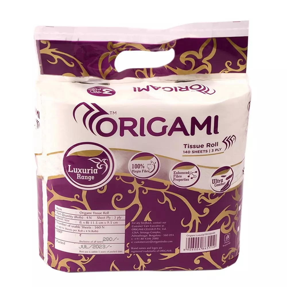 Origami 4 in 1 Luxuria Tissue Rolls 3 Ply 140 Pulls Per Roll White Paper, 6593 (Pack of 3 Packets)