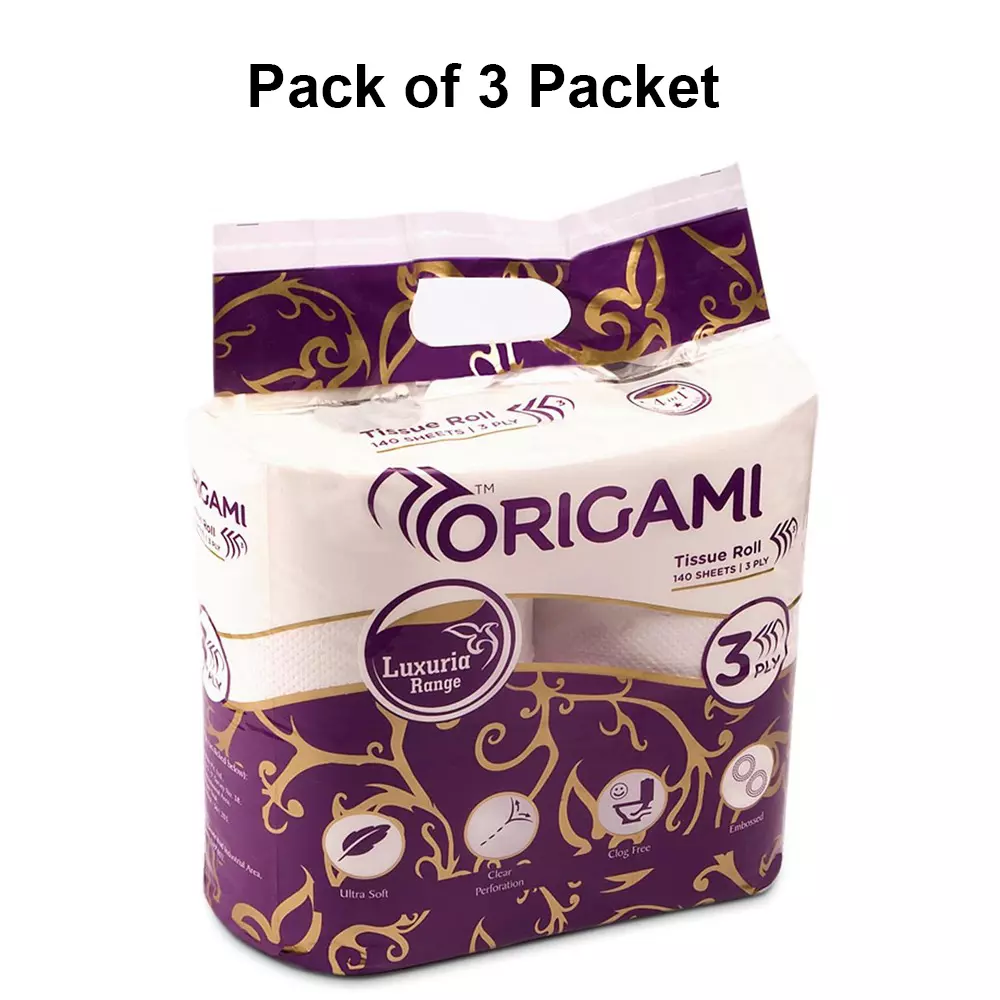 Origami 4 in 1 Luxuria Tissue Rolls 3 Ply 140 Pulls Per Roll White Paper, 6593 (Pack of 3 Packets)