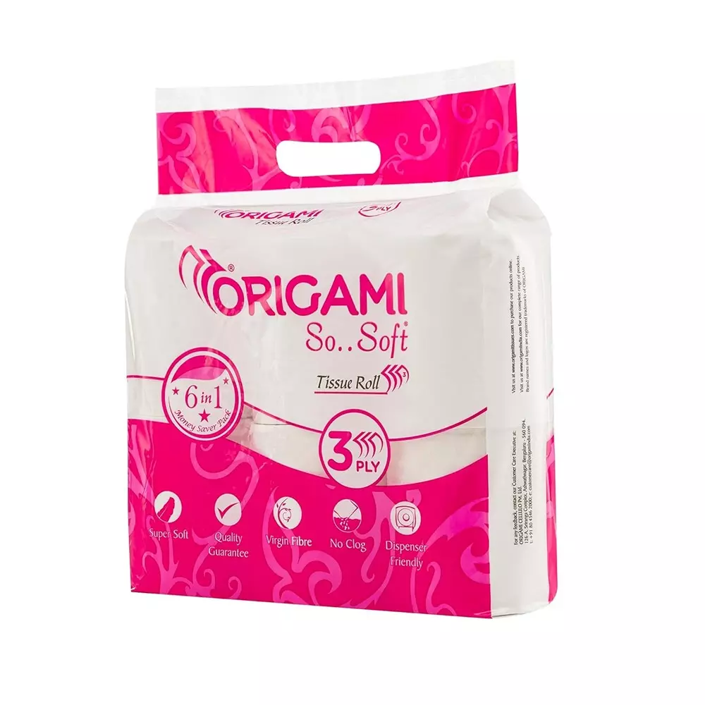 Origami 6 Rolls Per Pack So Soft Toilet Tissue Paper Roll 3 Ply 160 Pulls Per Roll White 100% Cellulose Fibre, 1130 (Pack of 4 Packets)