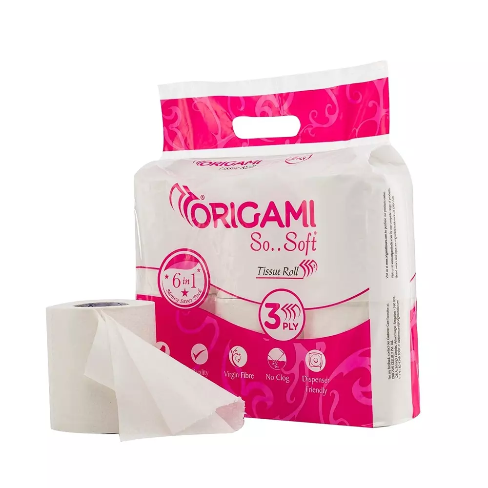 Origami 6 Rolls Per Pack So Soft Toilet Tissue Paper Roll 3 Ply 160 Pulls Per Roll White 100% Cellulose Fibre, 1130 (Pack of 4 Packets)
