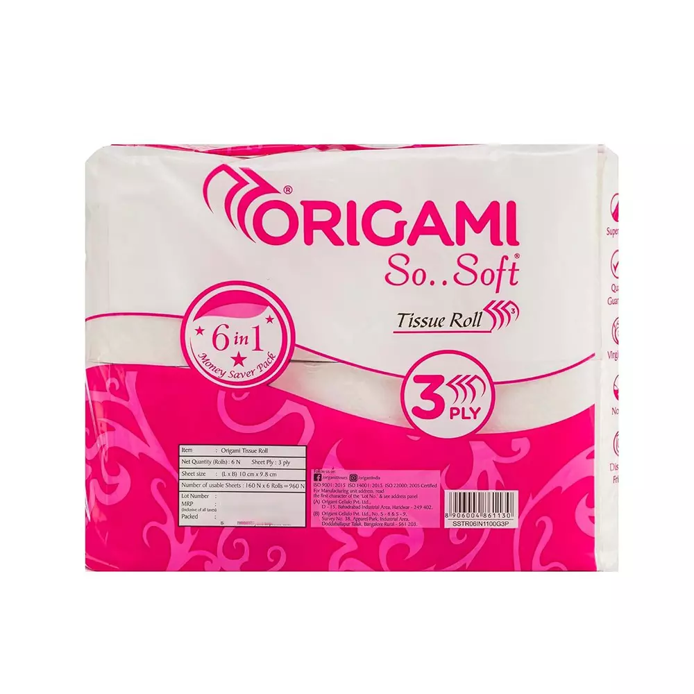 Origami 6 Rolls Per Pack So Soft Toilet Tissue Paper Roll 3 Ply 160 Pulls Per Roll White 100% Cellulose Fibre, 1130 (Pack of 4 Packets)