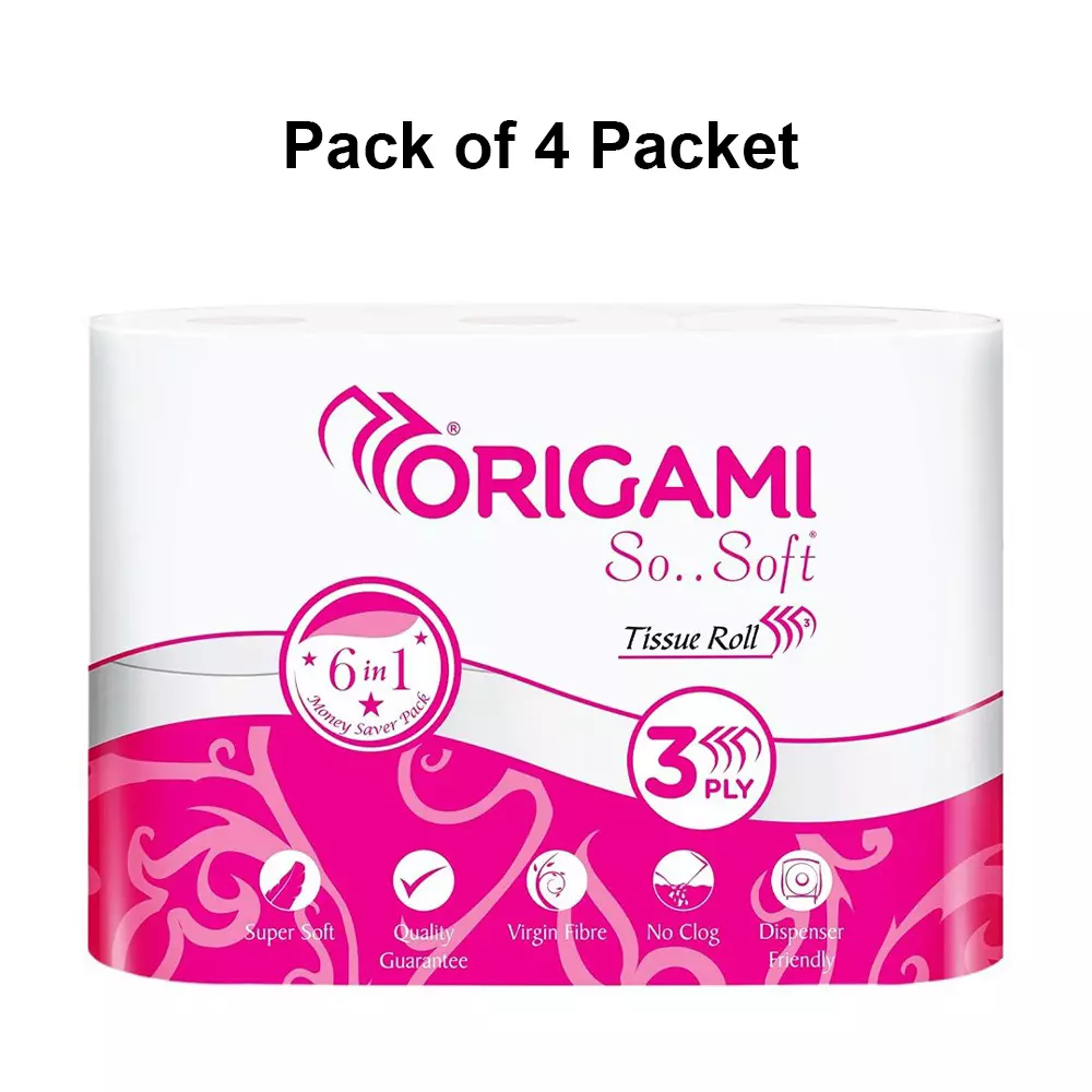 Origami 6 Rolls Per Pack So Soft Toilet Tissue Paper Roll 3 Ply 160 Pulls Per Roll White 100% Cellulose Fibre, 1130 (Pack of 4 Packets)
