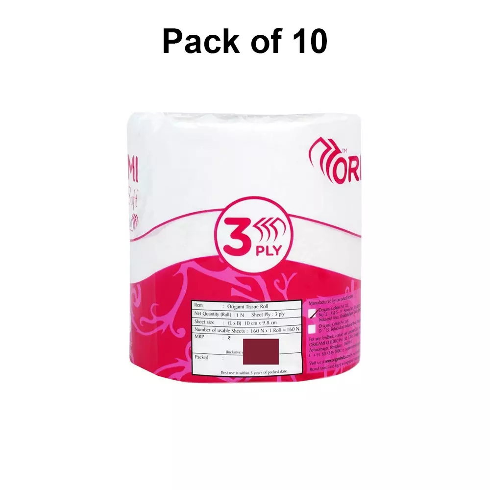 Origami So Soft Toilet Tissue Paper Roll 3 Ply 340 Pulls Per Roll White 100% Cellulose Fibre, 1123 (Pack of 10)