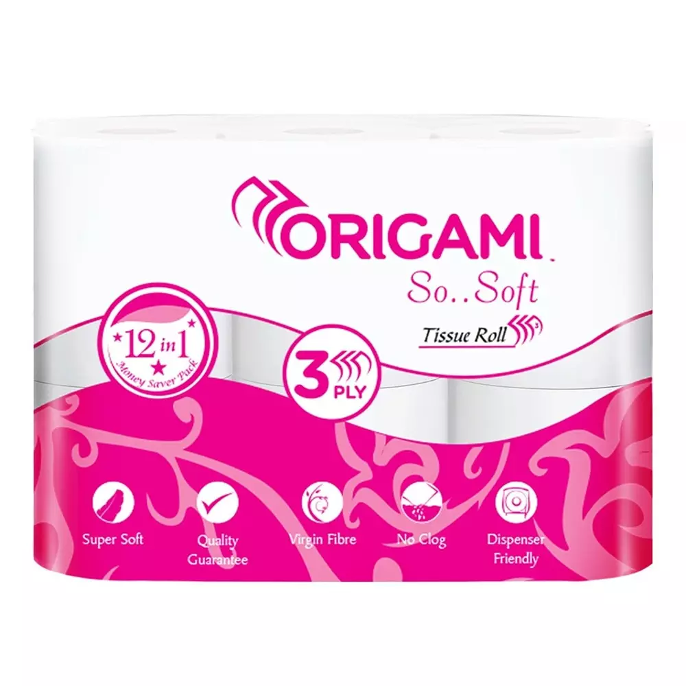Origami 12 in 1 So Soft Tissue Roll 3 Ply 160 Pulls Per Roll White Paper, 3844 (Pack of 4 Packets)