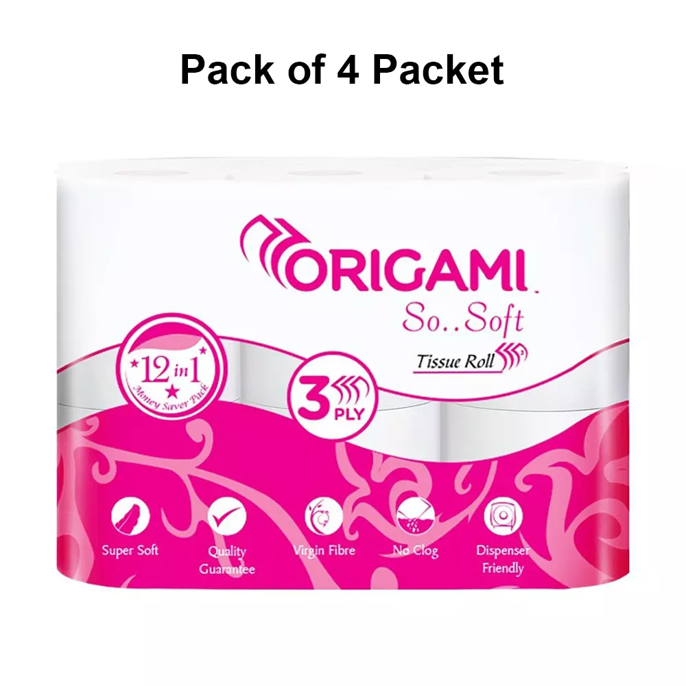 Origami 12 in 1 So Soft Tissue Roll 3 Ply 160 Pulls Per Roll White Paper, 3844 (Pack of 4 Packets)