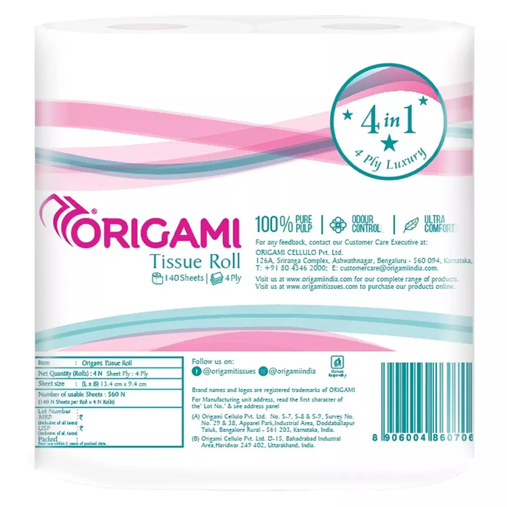 Origami 4 Rolls Per Pack So Soft Toilet Tissue Paper Roll 4 Ply 140 Sheets Per Roll White 100% Cellulose Fibre, 706 (Pack of 3 Packets)
