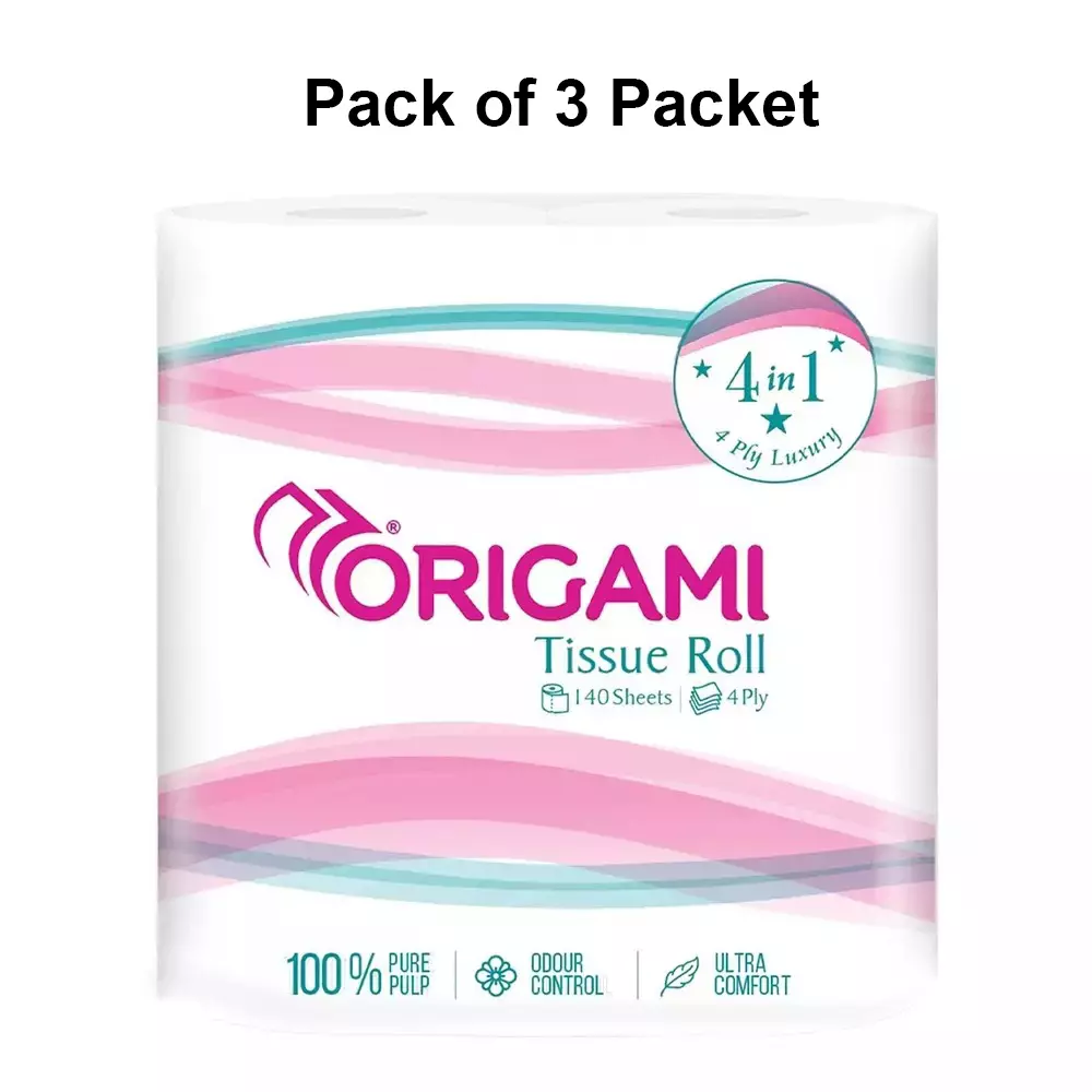 Origami 4 Rolls Per Pack So Soft Toilet Tissue Paper Roll 4 Ply 140 Sheets Per Roll White 100% Cellulose Fibre, 706 (Pack of 3 Packets)
