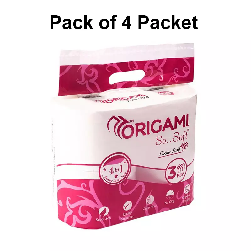 Origami So Soft Toilet Tissue Paper Roll 3 Ply 340 Pulls Per Roll White 100% Cellulose Fibre, 1147 (Pack of 4Packets)