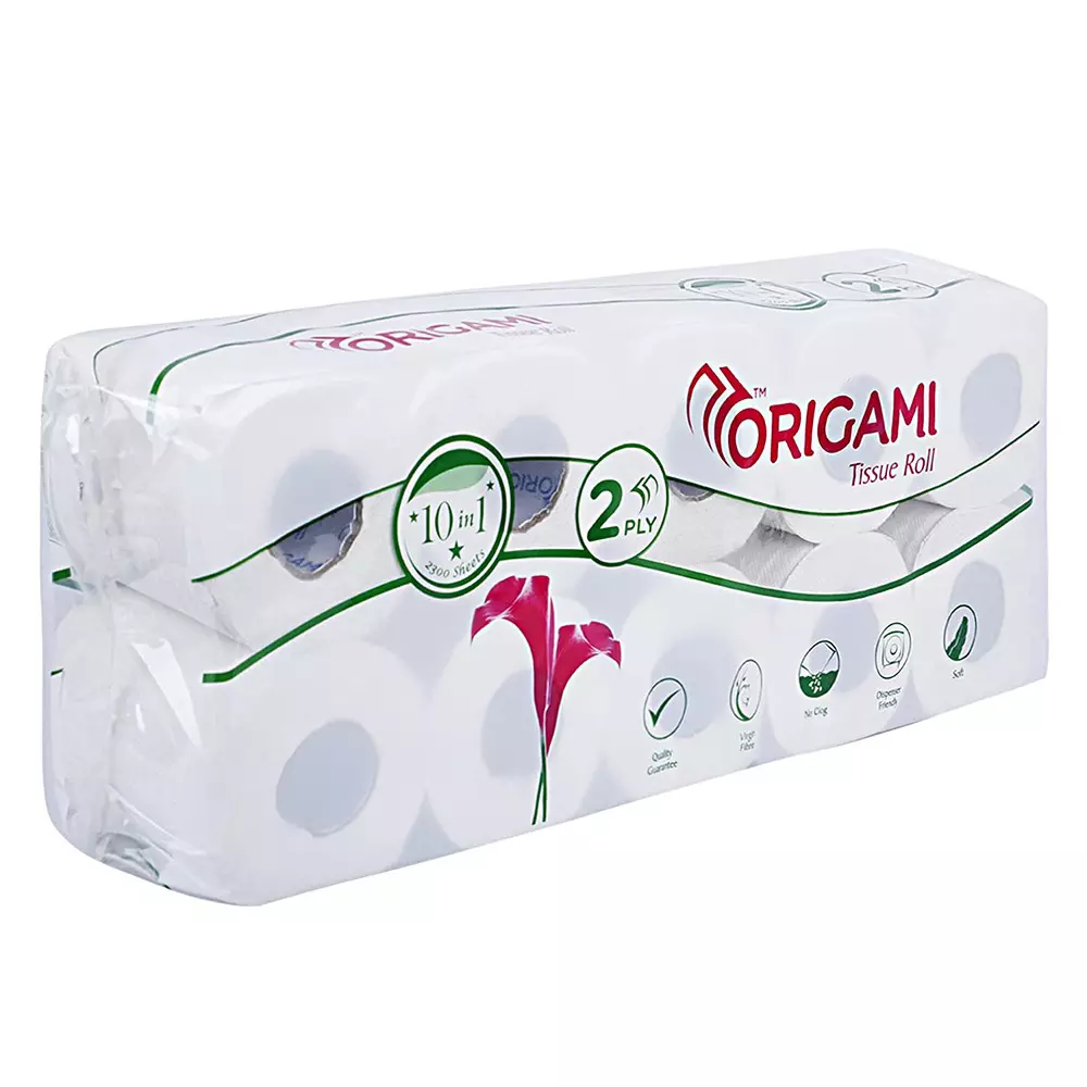 Origami 10 in 1 Tissue Rolls 2 Ply 230 Pulls Per Roll White Paper, 6159 (Pack of 4 Packets)