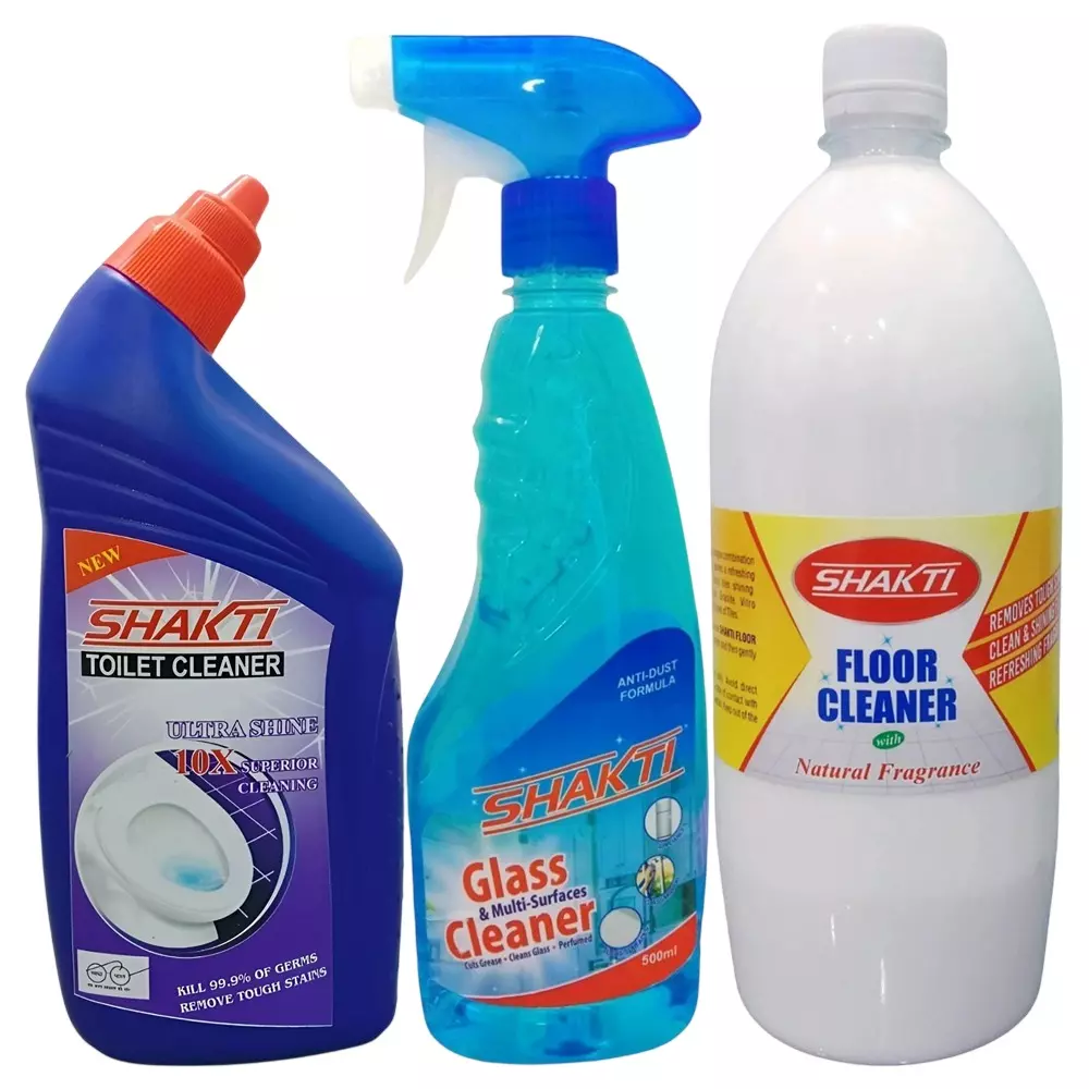 Shakti 500 ml Toilet Cleaner + 500 ml Glass Cleaner + 1 L Floor Cleaner Kit Liquid Form Blue & White Fresh Fragrance Bottle Packaging Type for Floor, Bathroom & Kitchen