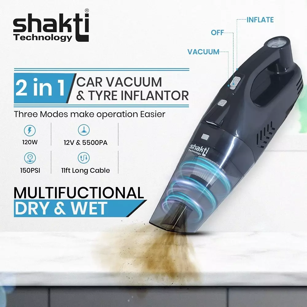 Shakti Technology Aeroclean Handheld Vacuum Cleaner 120 W HEPA Filter 12 V & 5500 Pa Suction