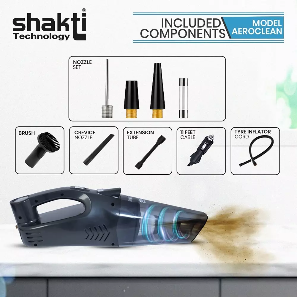 Shakti Technology Aeroclean Handheld Vacuum Cleaner 120 W HEPA Filter 12 V & 5500 Pa Suction