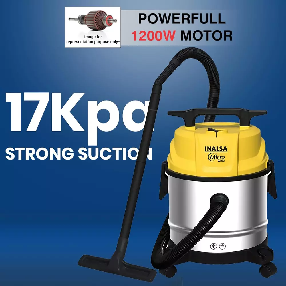Inalsa WD12 Vaccum Cleaner 1200 W 12 L Dust Tank Capacity Plastic 240 V Yellow & Silver Color