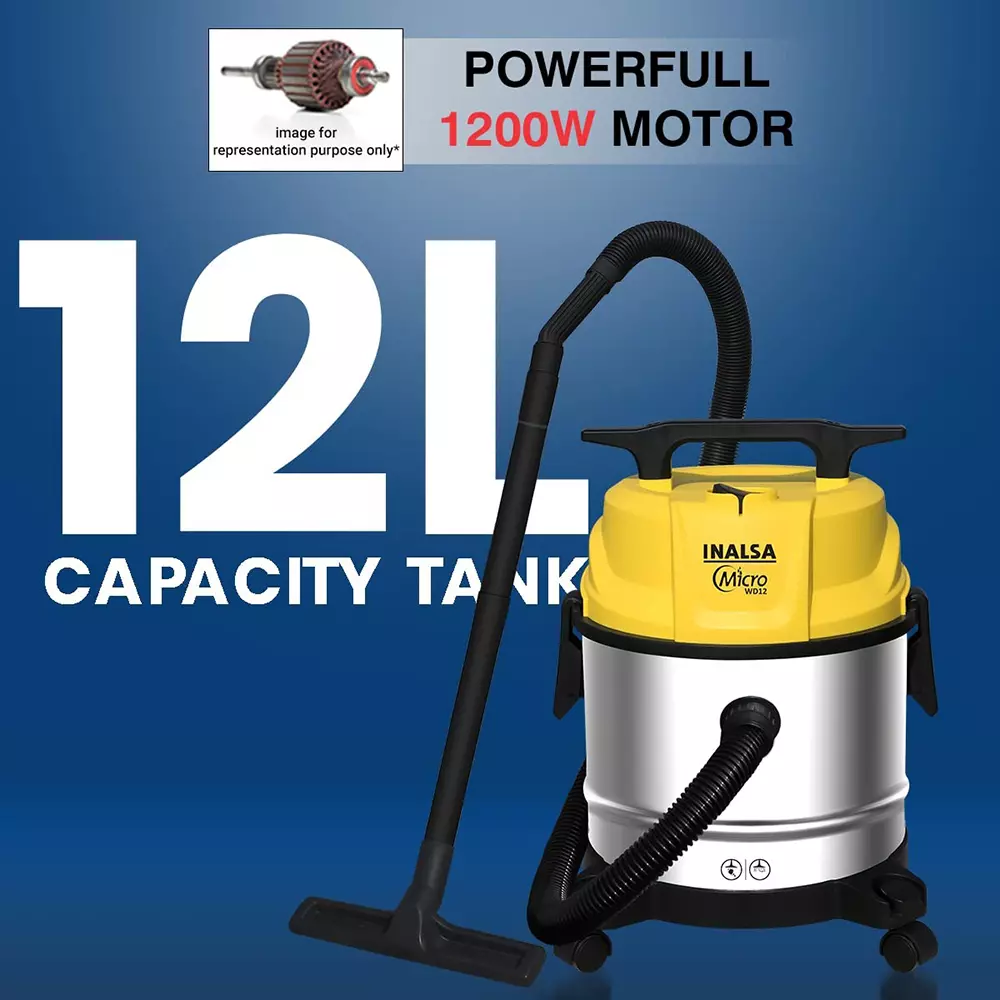 Inalsa WD12 Vaccum Cleaner 1200 W 12 L Dust Tank Capacity Plastic 240 V Yellow & Silver Color