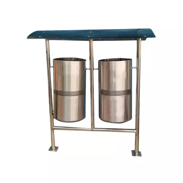Grassland 40 L x 2 Silver Stainless Steel Round Double Pole With Roof Open Type Dustbin, GSS1230