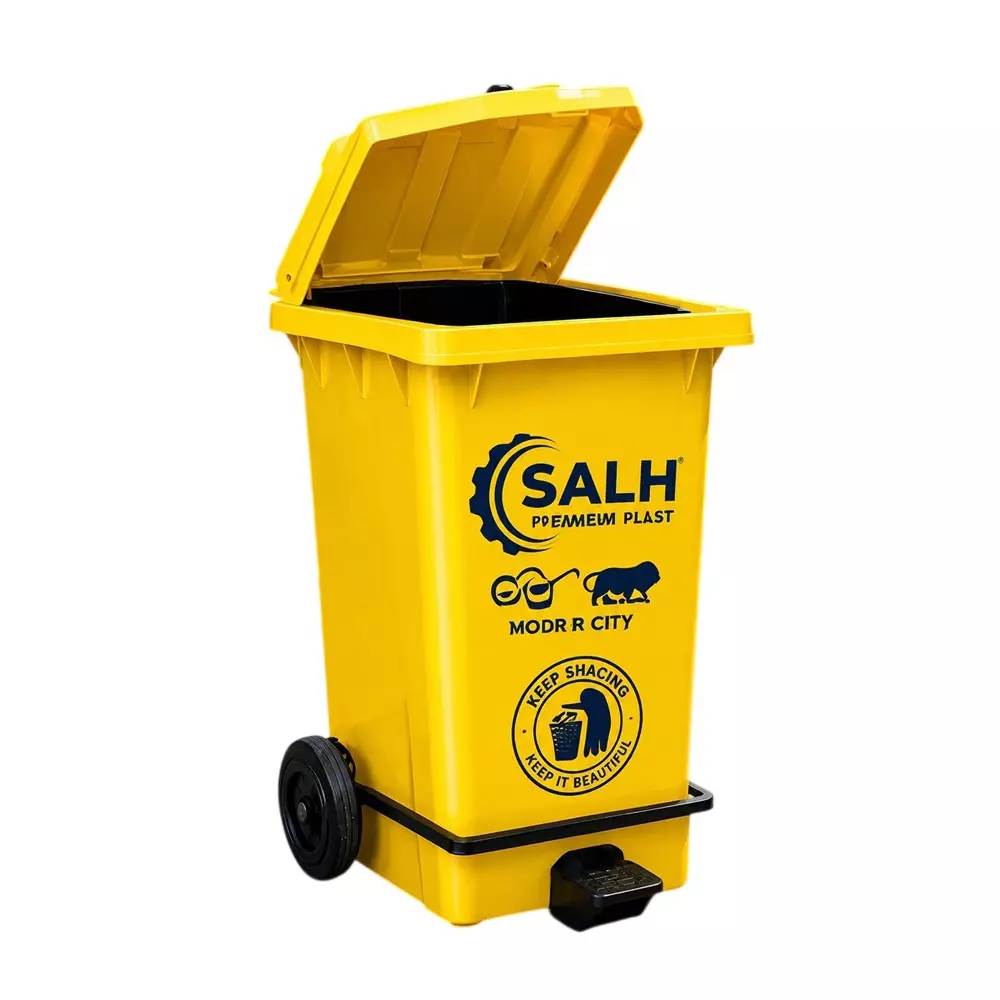 Salh Dustbin Open Top along with LID,&nbsp;2 Wheels and Pedal 100 L Capacity Yellow Rectangular Shape Plastic for Outdoor, SWB 100 LP