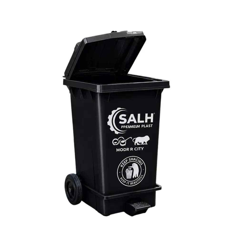 Salh Dustbin Open Top along with LID,&nbsp;2 Wheels and Pedal 100 L Capacity Black Rectangular Shape Plastic for Outdoor, SWB 100 LP