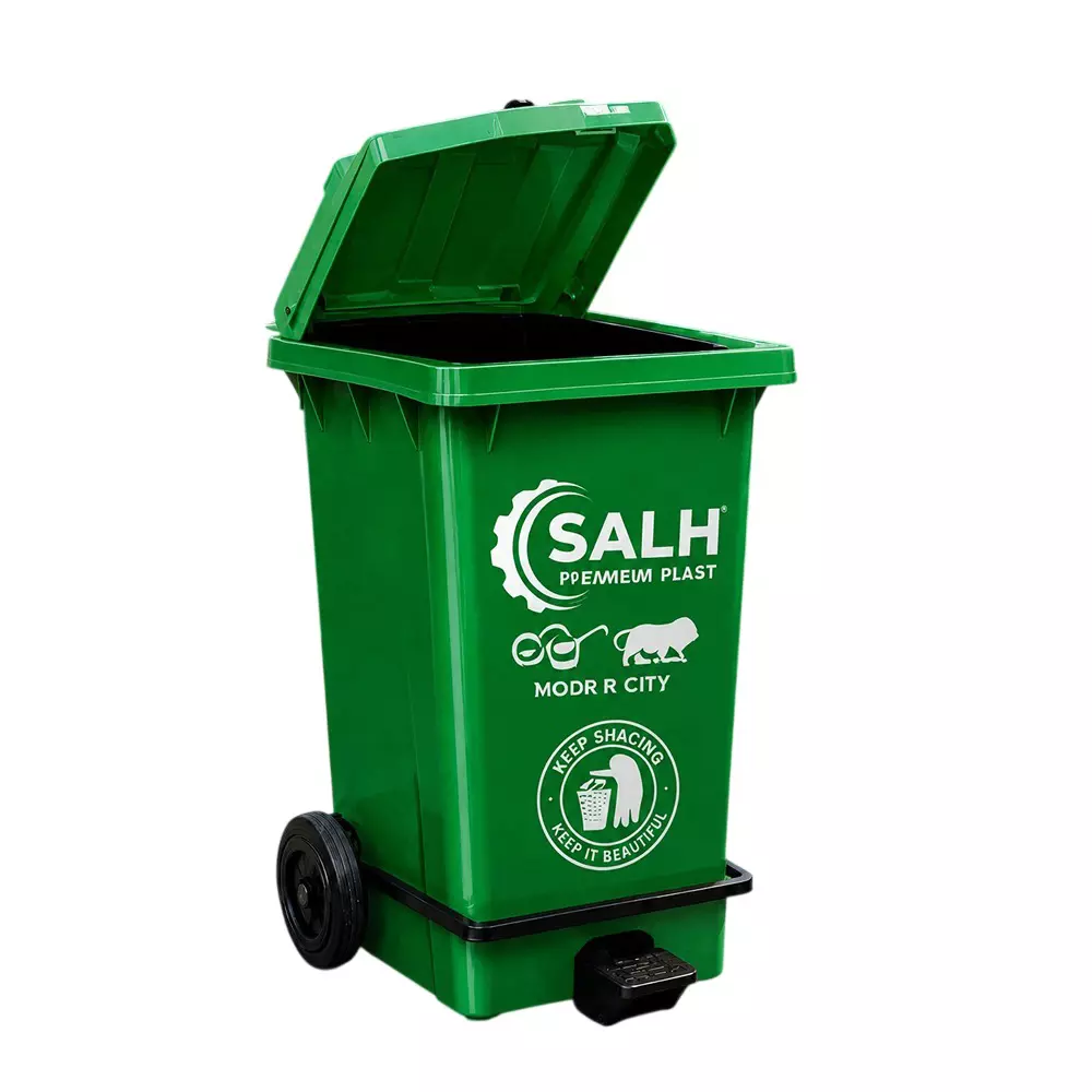 Salh Dustbin Open Top along with LID,&nbsp;2 Wheels and Pedal 240 L Capacity Green Rectangular Shape Plastic for Outdoor, SWB 240 LP