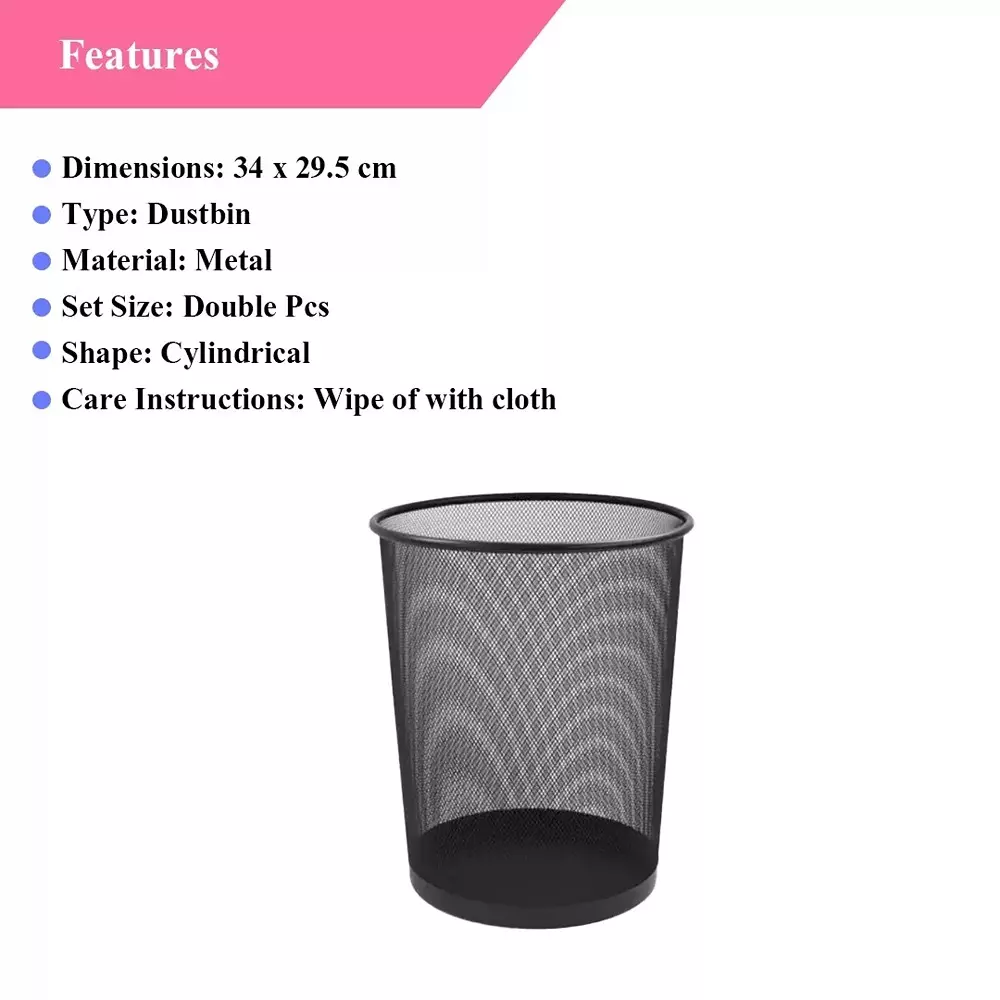 GENERIC Metal Mesh Dustbin Large Size Approx. 19 L Capacity, Black Color (Pack of 2)