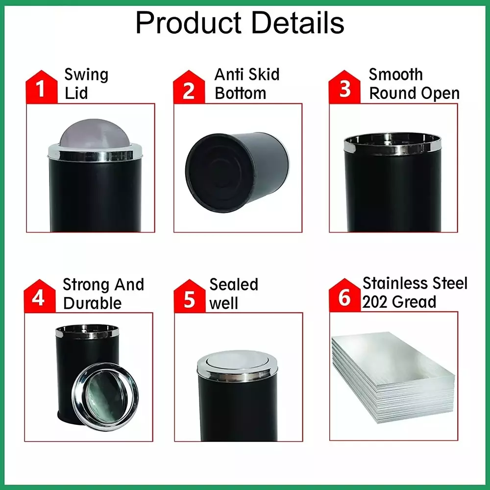 Grassland Dustbin 55 L Stainless Steel Round Black with Swing Lid, GSS1073