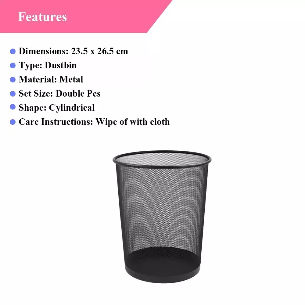 GENERIC Metal Mesh Dustbin Small Size Approx.. 9 L Capacity, Black Color (Pack of 2)