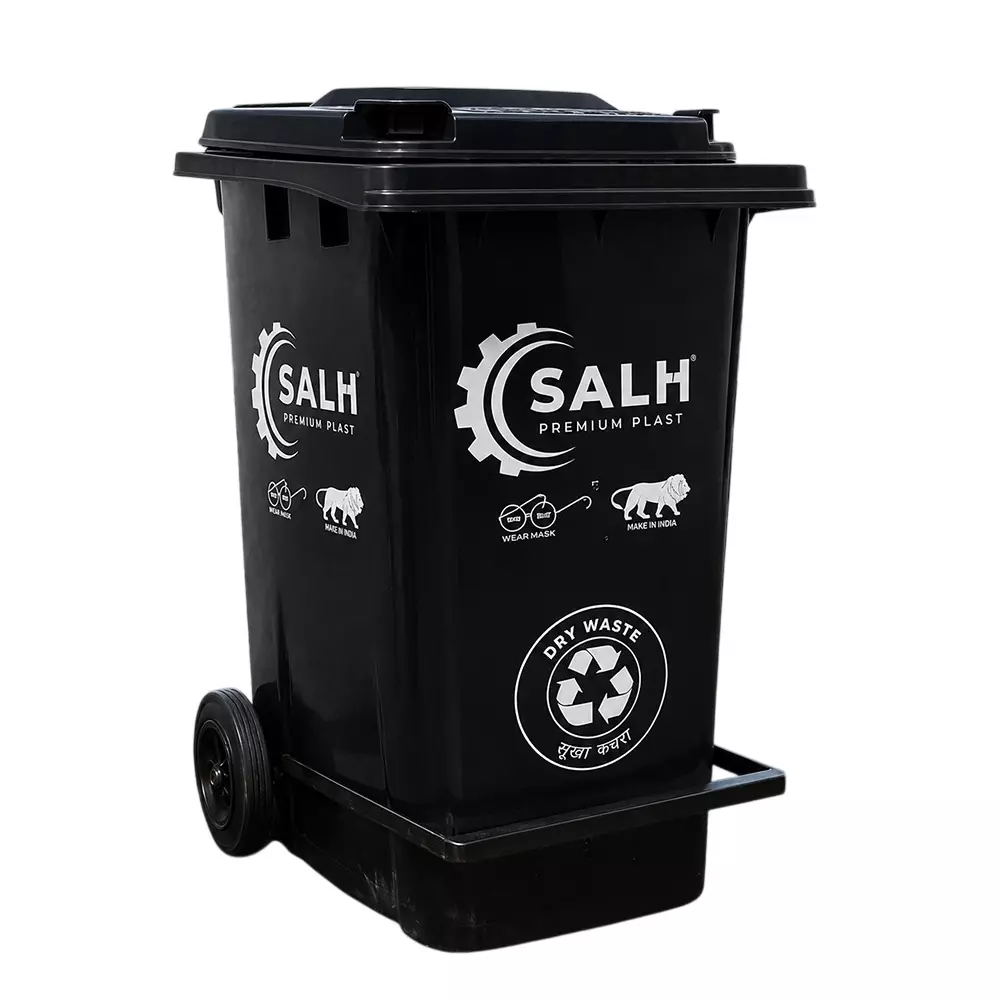 Salh Dustbin Open Top along with LID and 2 Wheels 120 L Capacity Black Rectangular Shape Plastic for Outdoor, SWB 120 L