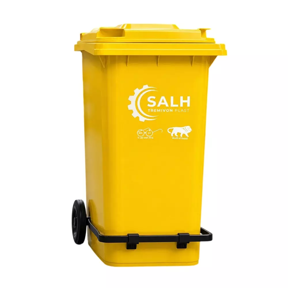 Salh Dustbin Open Top along with LID and 2 Wheels 100 L Capacity Yellow Rectangular Shape Plastic for Outdoor, SWB 100 L