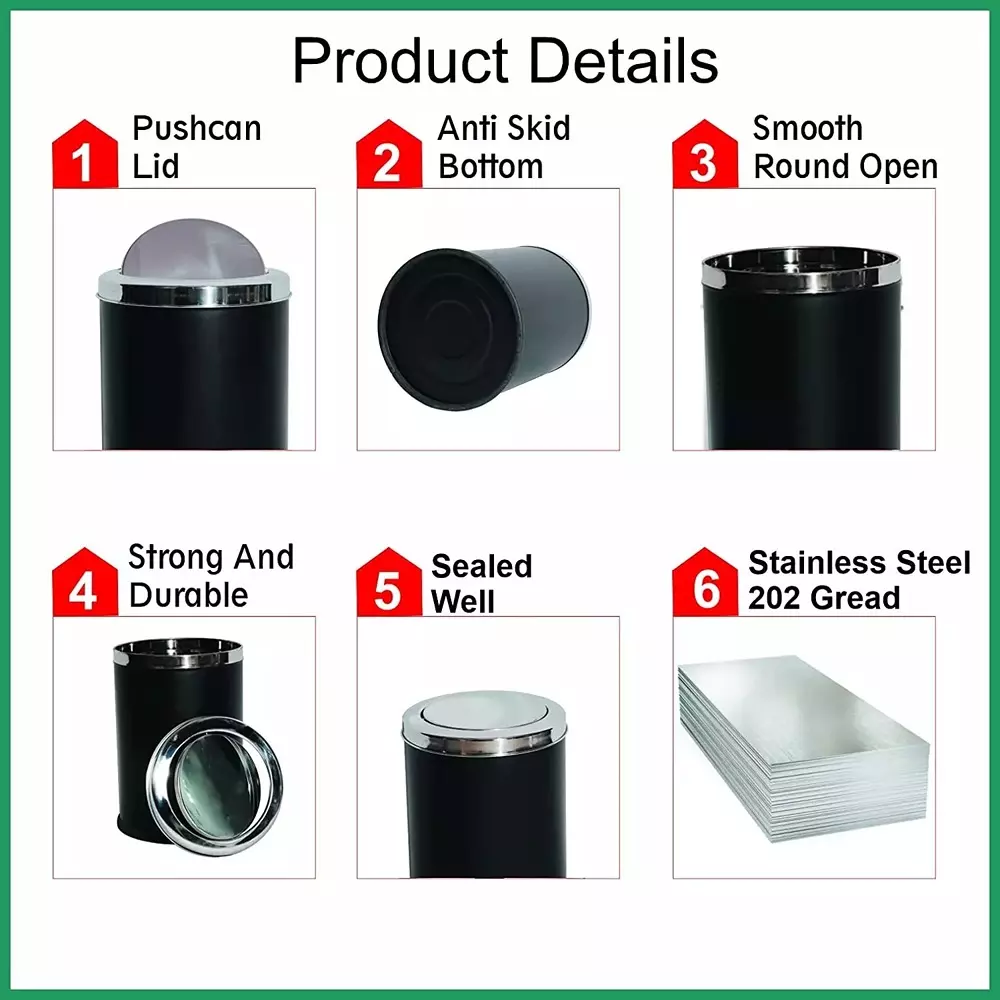 Grassland Dustbin 10 L Stainless Steel Round Black with Swing Lid, GSS1043