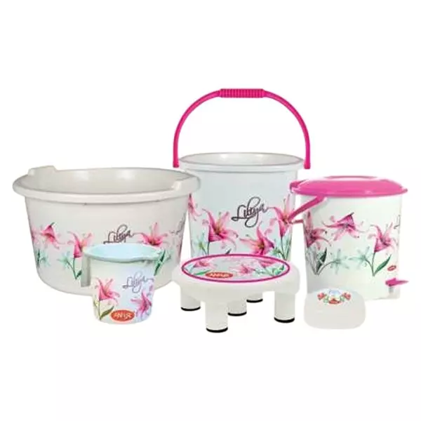 Ankur Decorated Bath Set Virgin Plastic Assorted (Liliya/Angelica) with Bucket, Tub, Pedal Bin, Patla, Mug & Soap Case