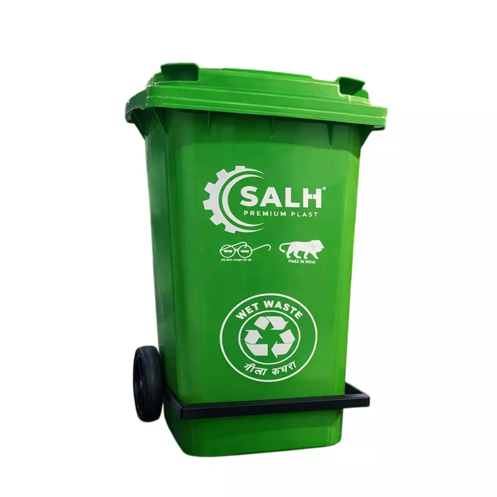 Salh Dustbin Open Top along with LID and 2 Wheels 240 L Capacity Green Rectangular Shape Plastic for Outdoor, SWB 240 L