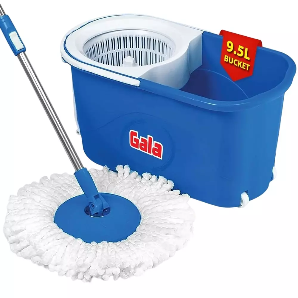gala Adjustable Quick Spin Mop With 2 Microfiber Refills 9.5 L Bucket Capacity White & Blue, 15101822