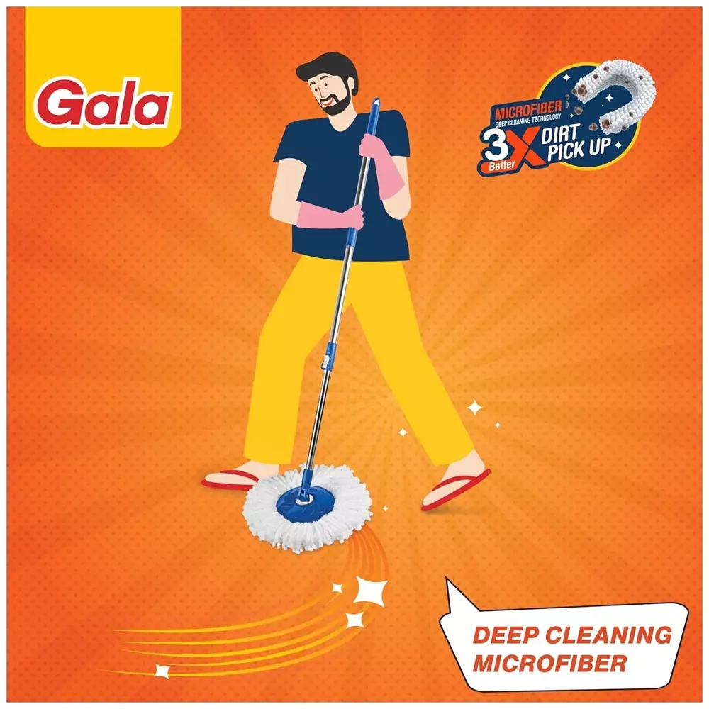gala Adjustable Quick Spin Mop With 2 Microfiber Refills 9.5 L Bucket Capacity White & Blue, 15101822