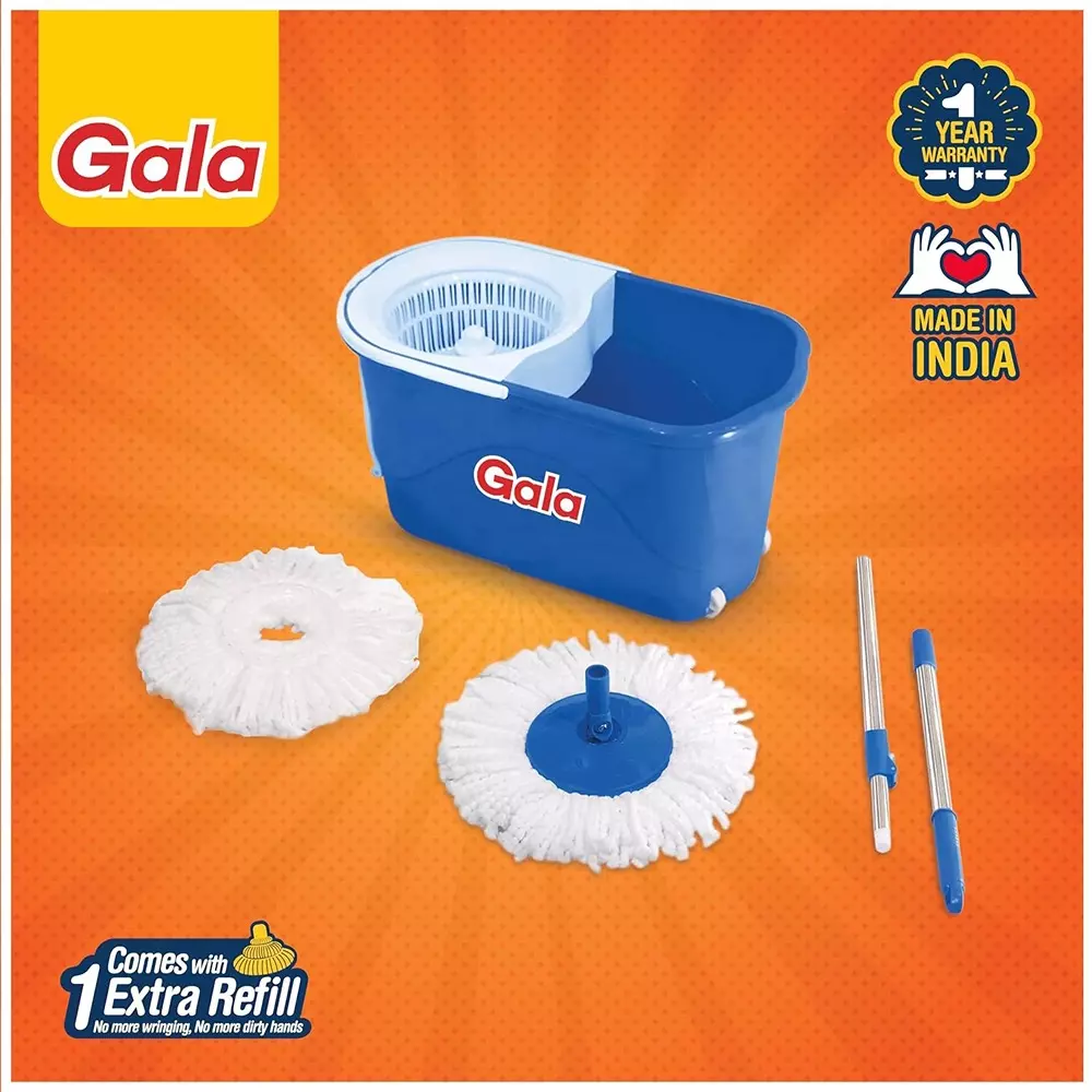 gala Adjustable Quick Spin Mop With 2 Microfiber Refills 9.5 L Bucket Capacity White & Blue, 15101822