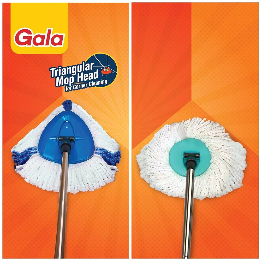gala Turbo Triangular Spin Mop With Refill 1.3 m Replacement Handle Rubber Grip Blue
