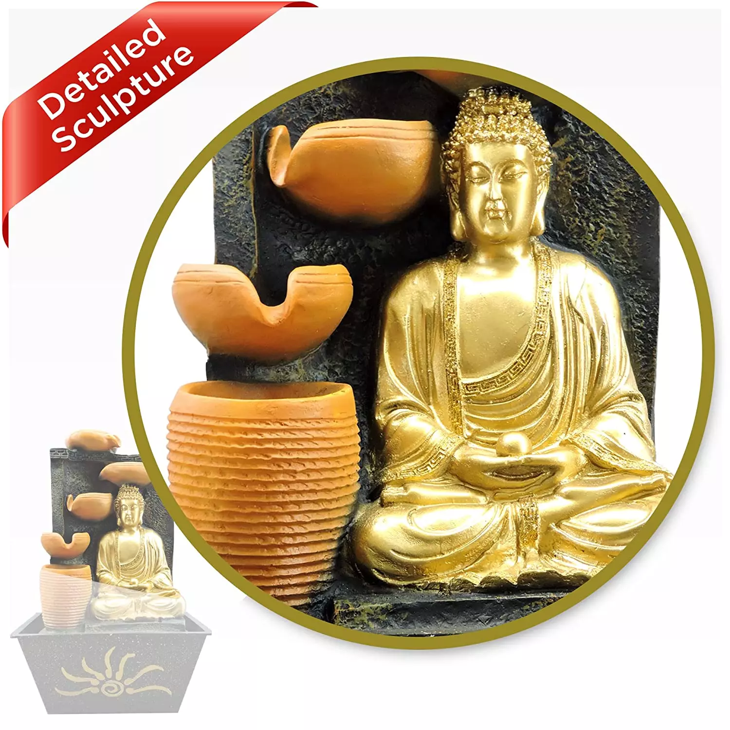 Buildream Polyresin Buddha Five Step Indoor Table Top Water Fountain with Adjustable Speed Control